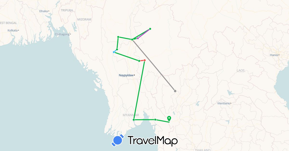 TravelMap itinerary: driving, bus, plane, train, hiking, boat in Myanmar (Burma), Thailand (Asia)